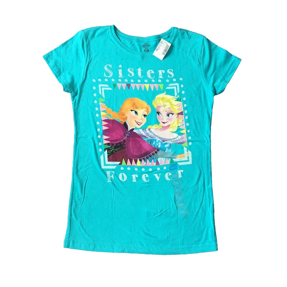New Disney Frozen T Shirt Anna Elsa Girl XL 14 Sister Blue Pink Cotton Graphic
